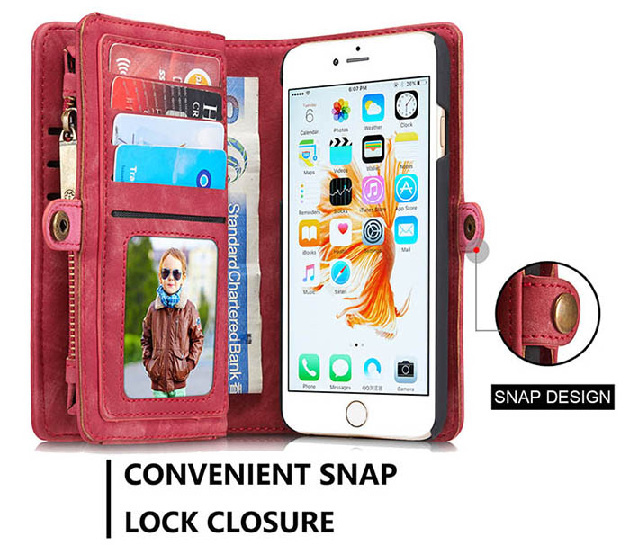 CaseMe iPhone 6S Plus/6 Plus Zipper Wallet Detachable 2 in 1 Folio Case Red