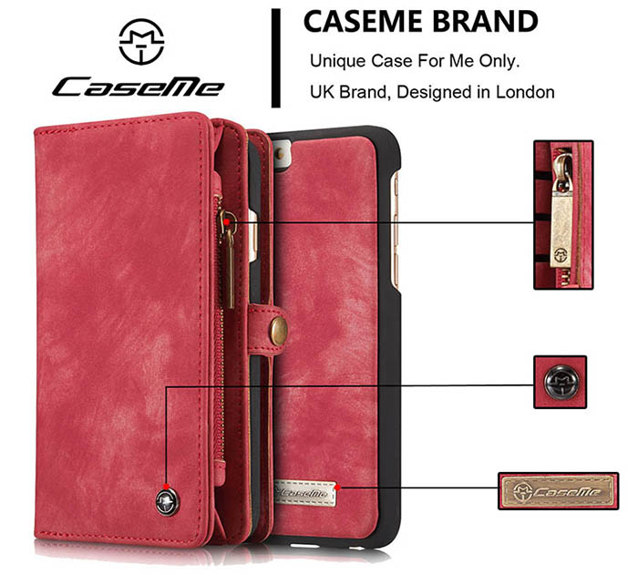 CaseMe iPhone 6S Plus/6 Plus Zipper Wallet Detachable 2 in 1 Folio Case Red