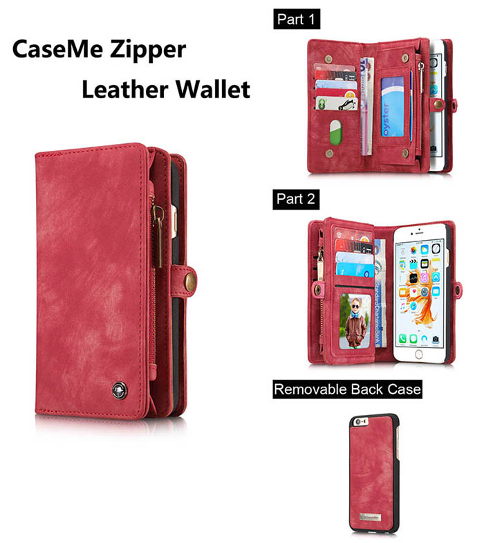 CaseMe iPhone 6S Plus/6 Plus Zipper Wallet Detachable 2 in 1 Folio Case Red