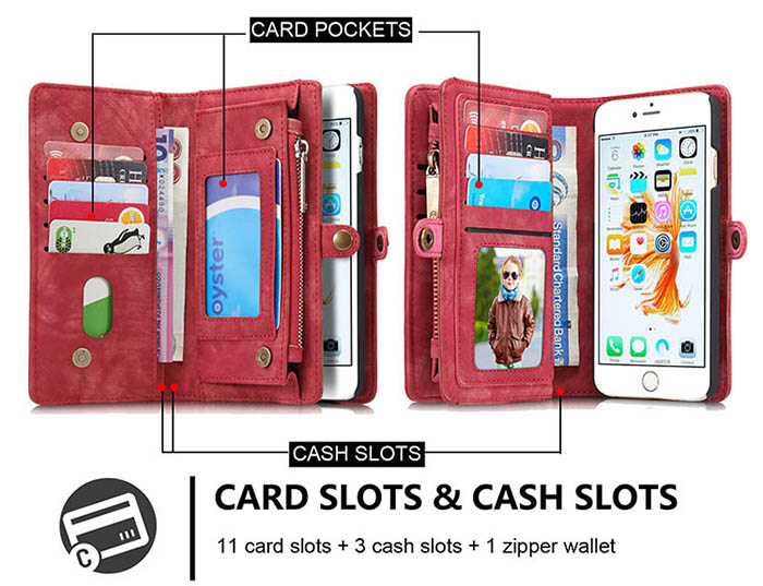 CaseMe iPhone 6S Plus/6 Plus Zipper Wallet Detachable 2 in 1 Folio Case Red