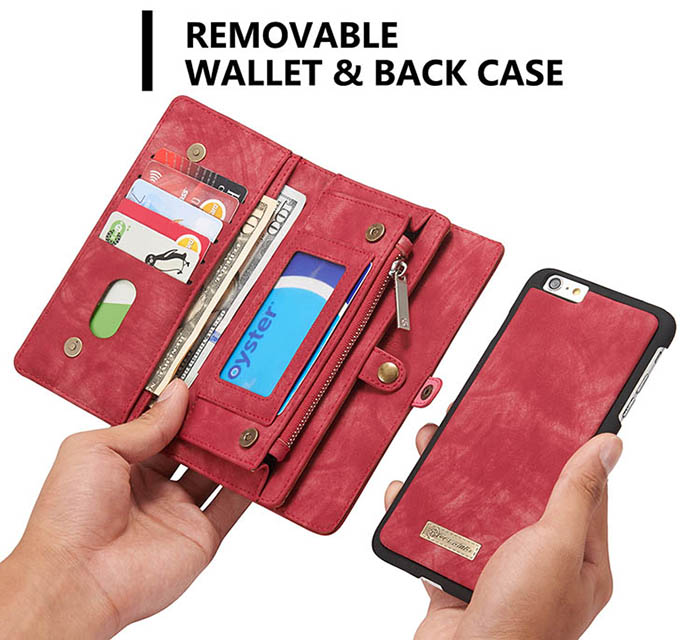 CaseMe iPhone 6S Plus/6 Plus Zipper Wallet Detachable 2 in 1 Folio Case Red