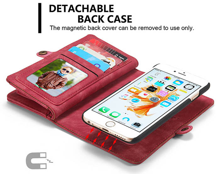 CaseMe iPhone 6S Plus/6 Plus Zipper Wallet Detachable 2 in 1 Folio Case Red