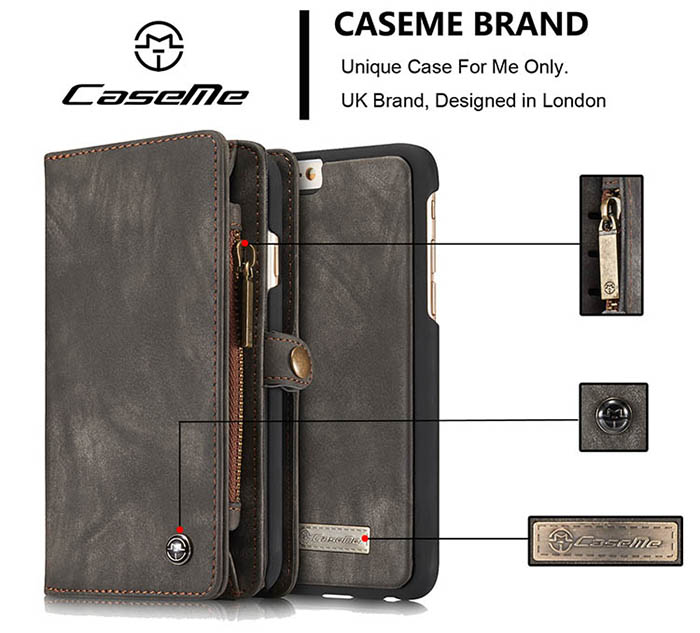 CaseMe iPhone 6S/6 Zipper Wallet Detachable 2 in 1 Folio Case Black