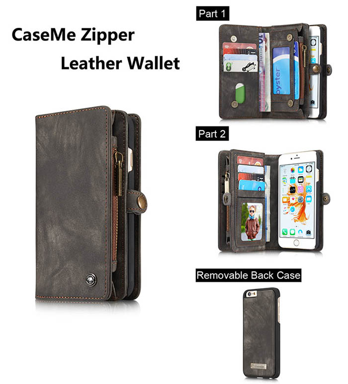 CaseMe iPhone 6S/6 Zipper Wallet Detachable 2 in 1 Folio Case Black