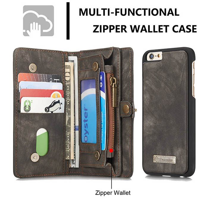 CaseMe iPhone 6S/6 Zipper Wallet Detachable 2 in 1 Folio Case Black