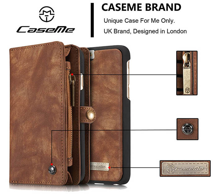 CaseMe iPhone 6S/6 Zipper Wallet Detachable 2 in 1 Folio Case Brown