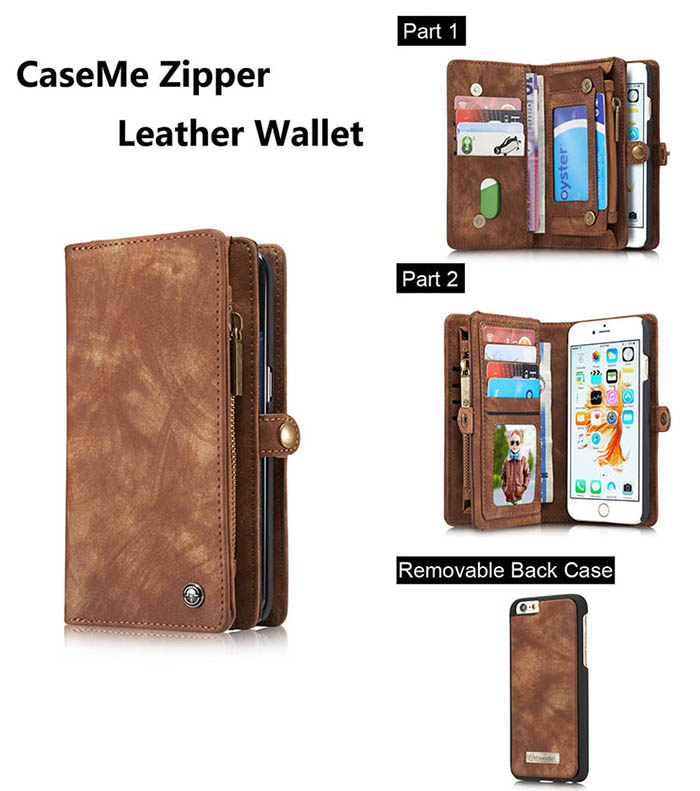 CaseMe iPhone 6S/6 Zipper Wallet Detachable 2 in 1 Folio Case Brown