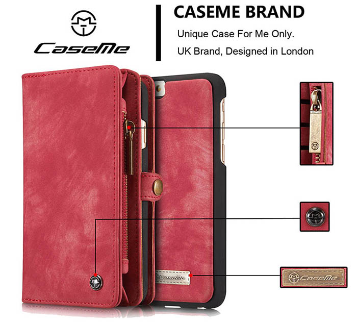 CaseMe iPhone 6S/6 Zipper Wallet Detachable 2 in 1 Folio Case Red