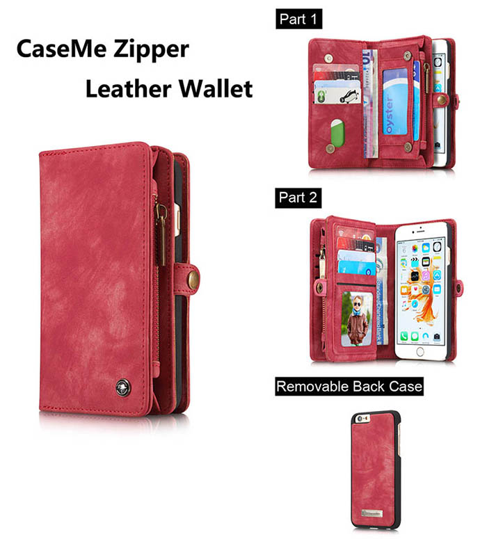 CaseMe iPhone 6S/6 Zipper Wallet Detachable 2 in 1 Folio Case Red