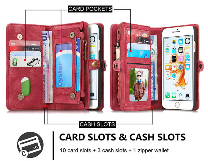 CaseMe iPhone 6S/6 Zipper Wallet Detachable 2 in 1 Folio Case Red