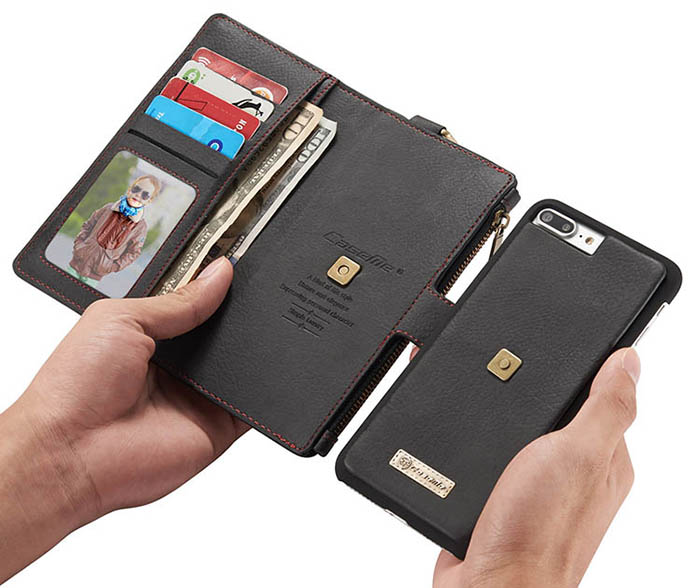 CaseMe iPhone 7 Plus Zipper Wallet Metal Buckle Detachable Folio Case Black