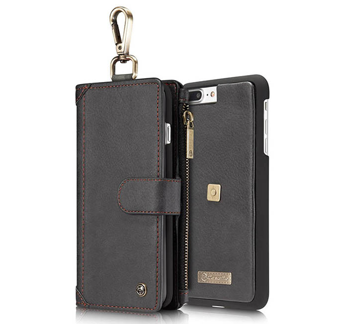 CaseMe iPhone 7 Plus Zipper Wallet Metal Buckle Detachable Folio Case Black