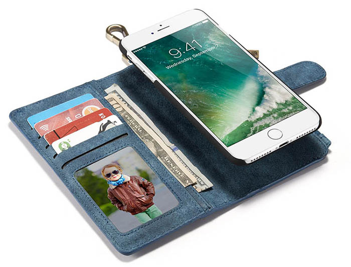 CaseMe iPhone 7 Plus Zipper Wallet Metal Buckle Detachable Folio Case Blue