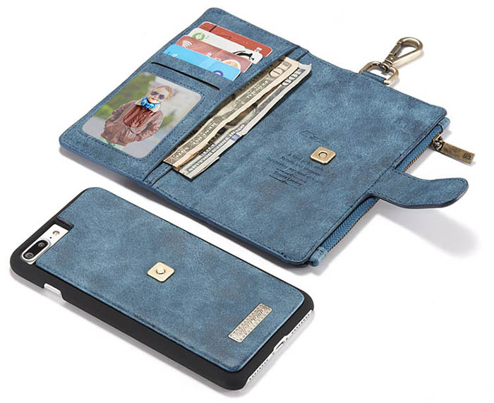 CaseMe iPhone 7 Plus Zipper Wallet Metal Buckle Detachable Folio Case Blue