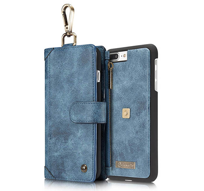 CaseMe iPhone 7 Plus Zipper Wallet Metal Buckle Detachable Folio Case Blue
