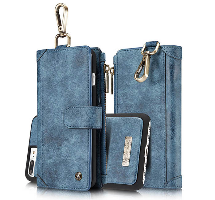 CaseMe iPhone 7 Plus Zipper Wallet Metal Buckle Detachable Folio Case Blue