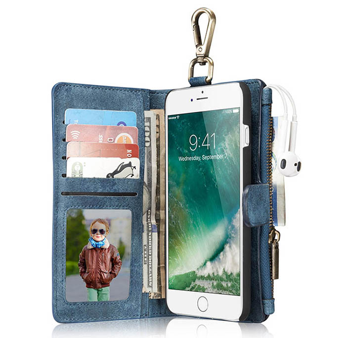 CaseMe iPhone 7 Plus Zipper Wallet Metal Buckle Detachable Folio Case Blue