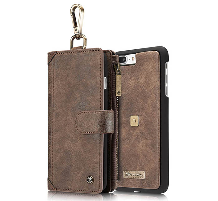 CaseMe iPhone 7 Plus Zipper Wallet Metal Buckle Detachable Folio Case Coffee