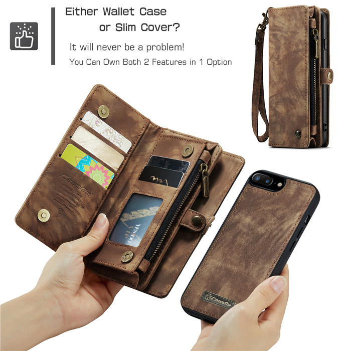 CaseMe iPhone 7 Plus/8 Plus Zipper Wallet Magnetic Detachable 2 in 1 Case with Wrist Strap