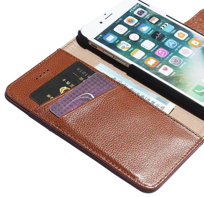 Real Genuine Cowhide Leather iPhone 7 Litchi Pattern Wallet Stand Case