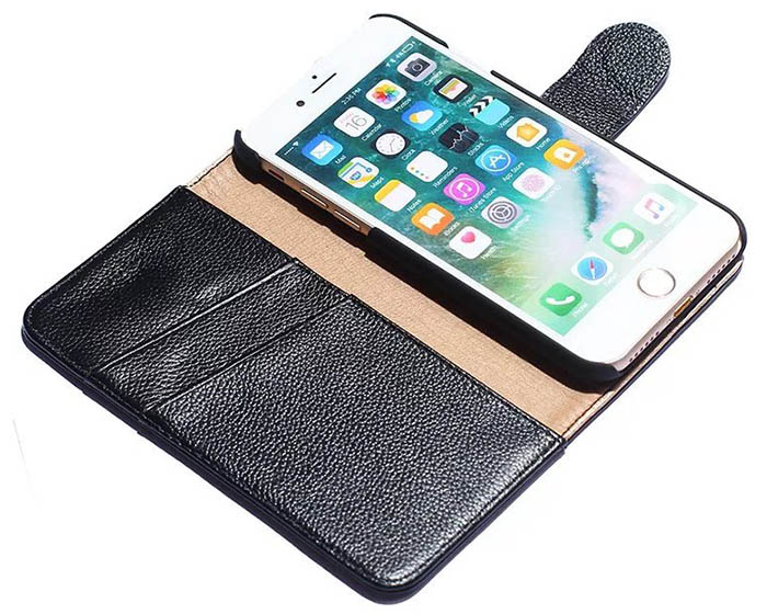 Real Genuine Cowhide Leather iPhone 7 Litchi Pattern Wallet Stand Case