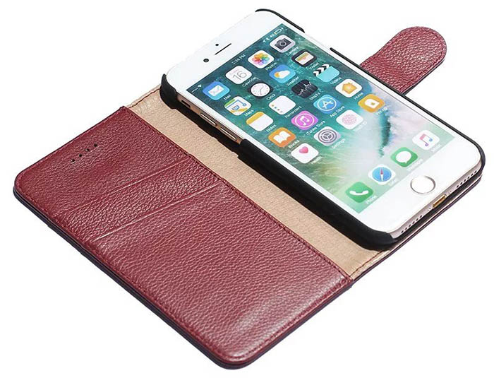 Real Genuine Cowhide Leather iPhone 7 Litchi Pattern Wallet Stand Case