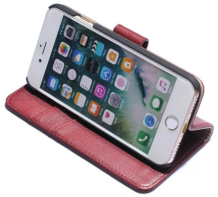 Real Genuine Cowhide Leather iPhone 7 Litchi Pattern Wallet Stand Case