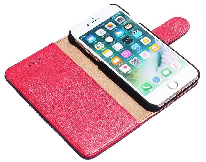 Real Genuine Cowhide Leather iPhone 7 Litchi Pattern Wallet Stand Case