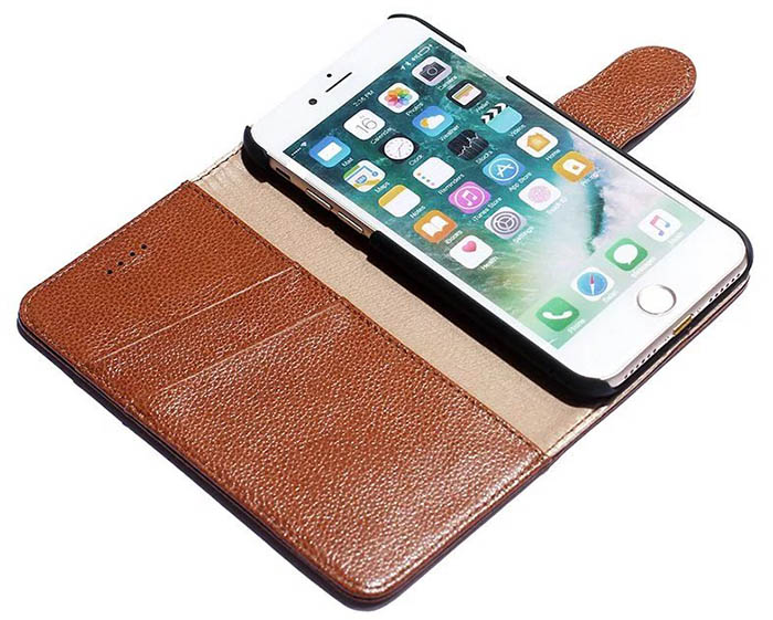 Real Genuine Cowhide Leather iPhone 7 Litchi Pattern Wallet Stand Case