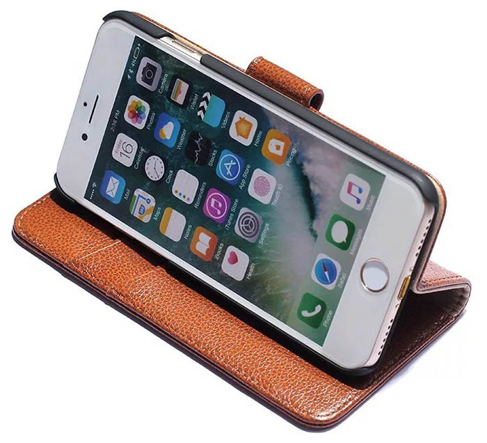 Real Genuine Cowhide Leather iPhone 7 Litchi Pattern Wallet Stand Case