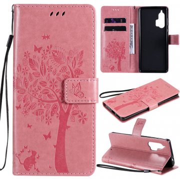 Motorola Edge Plus Embossed Tree Cat Butterfly Wallet Stand Case Pink