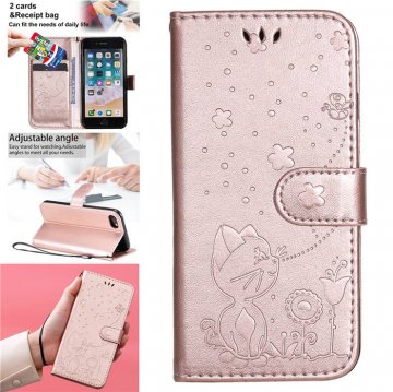 iPhone 7/8/SE 2020 Embossed Cat Bee Wallet Stand Case Rose Gold
