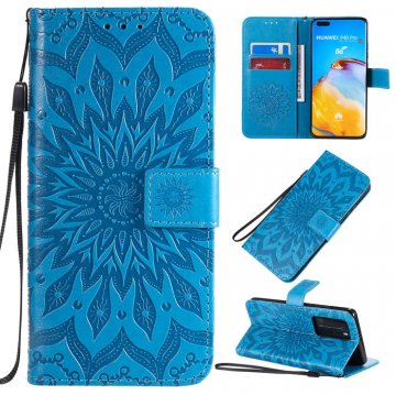 Huawei P40 Pro Embossed Sunflower Wallet Stand Case Blue