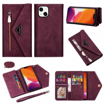 iPhone 13 Mini Crossbody Lanyard Zipper Pocket Wallet Case Red