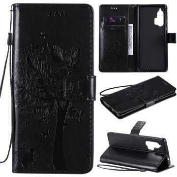Motorola Edge Plus Embossed Tree Cat Butterfly Wallet Stand Case Black