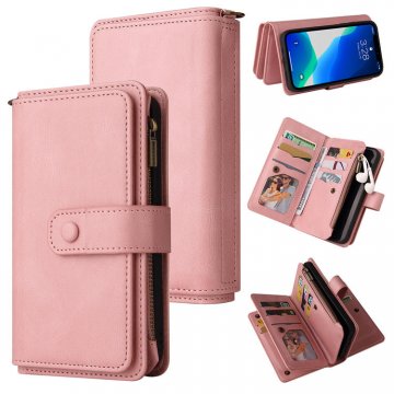 iPhone 13 Pro Max Wallet 15 Card Slots Case with Wrist Strap Pink