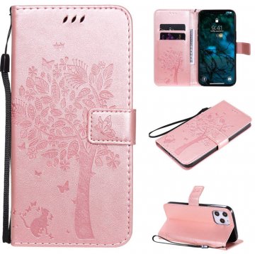 iPhone 12 Pro Max Embossed Tree Cat Butterfly Wallet Stand Case Rose Gold