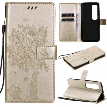 Xiaomi Mi 10 Ultra Embossed Tree Cat Butterfly Wallet Stand Case Gold