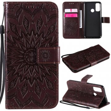 Huawei P Smart 2020 Embossed Sunflower Wallet Stand Case Brown