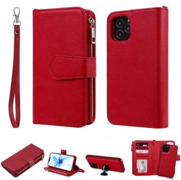 iPhone 12 Pro Zipper Wallet Magnetic Detachable 2 in 1 Case Red