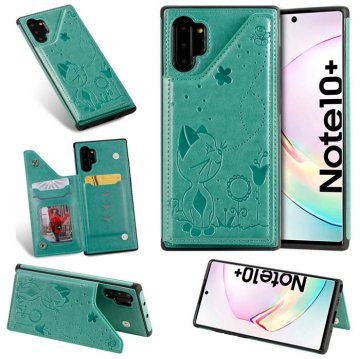 Samsung Galaxy Note 10 Plus Bee and Cat Card Slots Stand Cover Green