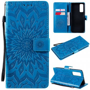 Huawei P Smart 2021 Embossed Sunflower Wallet Magnetic Stand Case Blue