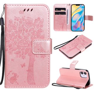 iPhone 12 Embossed Tree Cat Butterfly Wallet Stand Case Rose Gold