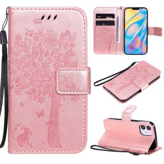 iPhone 12 Mini Embossed Tree Cat Butterfly Wallet Stand Case Rose Gold