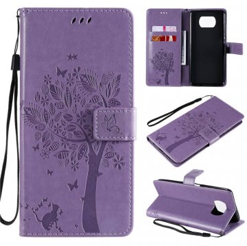 Xiaomi Poco X3 NFC Embossed Tree Cat Butterfly Wallet Stand Case Lavender