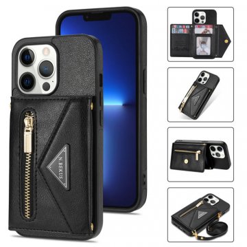 Crossbody Zipper Wallet iPhone 13 Pro Max Case With Strap Black