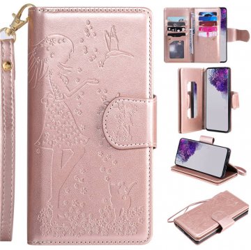 Samsung Galaxy S20 Ultra Embossed Girl Cat 9 Card Slots Wallet Case Rose Gold