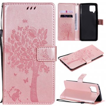 Samsung Galaxy A42 5G Embossed Tree Cat Butterfly Wallet Stand Case Rose Gold
