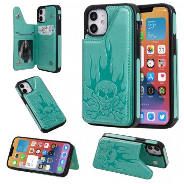 iPhone 12 Mini Embossed Skull Magnetic Clasp Wallet Stand Case Green