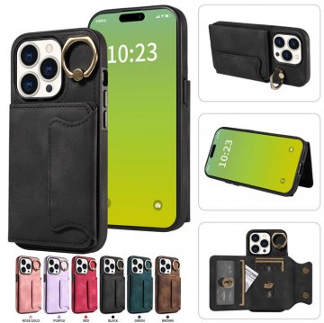 For iPhone 15 Pro Card Holder Ring Kickstand Case Black